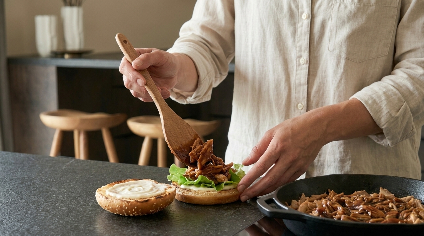 Hände einer Person belegen ein aufgeschnittenes Sesambrötchen mit Salat und gezupftem, gebratenem Fleisch aus einer Pfanne.