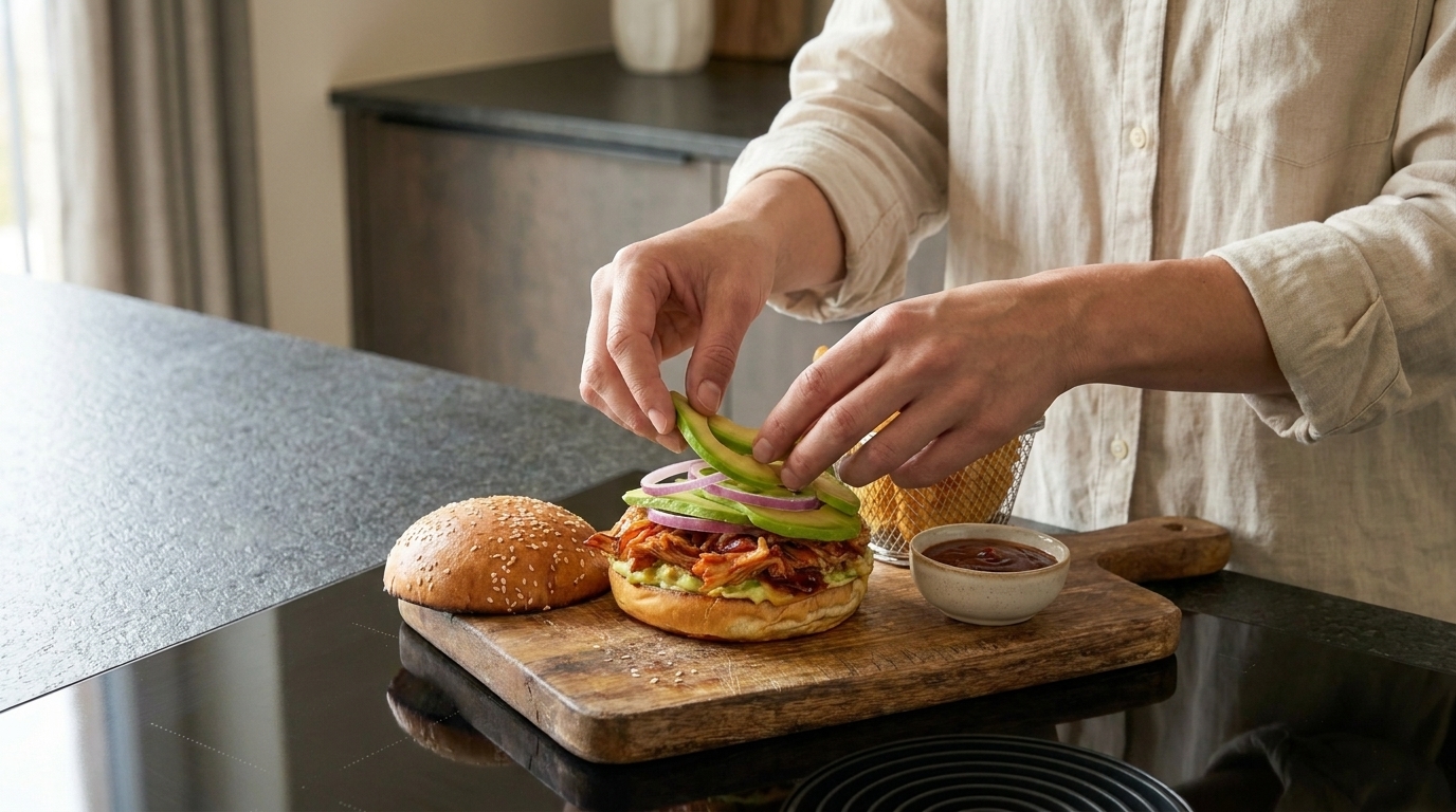 Hände einer Person legen Avocadoscheiben auf einen frisch zusammengestellten Burger mit Salat, Käse und Brötchen auf einem Holzbrett in der Küche; kleine Schale mit Sauce daneben.