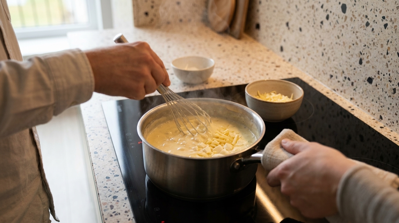 Zwei Personen kochen: Eine rührt mit Schneebesen eine cremige Sauce mit Käse in einem Topf auf dem Herd, eine andere hält den Topf mit einem Topflappen. Schüssel mit geriebenem Käse daneben.