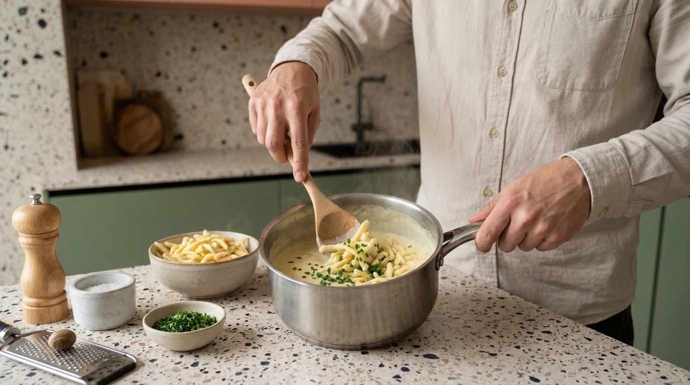 Hände einer Person rühren mit Holzlöffel in einem Topf cremiger Pasta mit Schnittlauch auf einer Küchenarbeitsfläche; neben dem Topf Schalen mit geriebenem Käse und gehackten Kräutern.