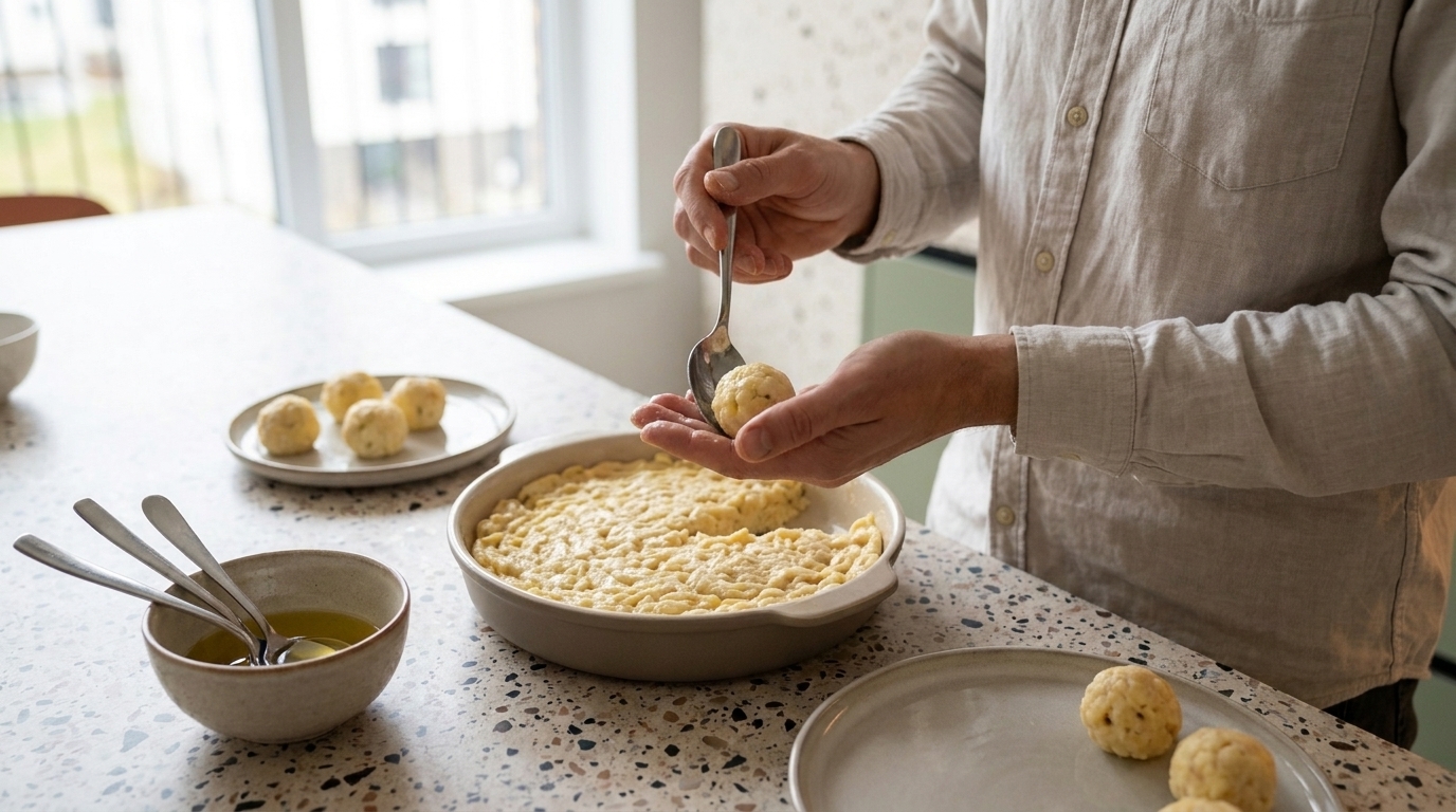 Eine Person formt kleine Kugeln aus Teig- oder Kartoffelmasse und legt sie in eine Auflaufform.