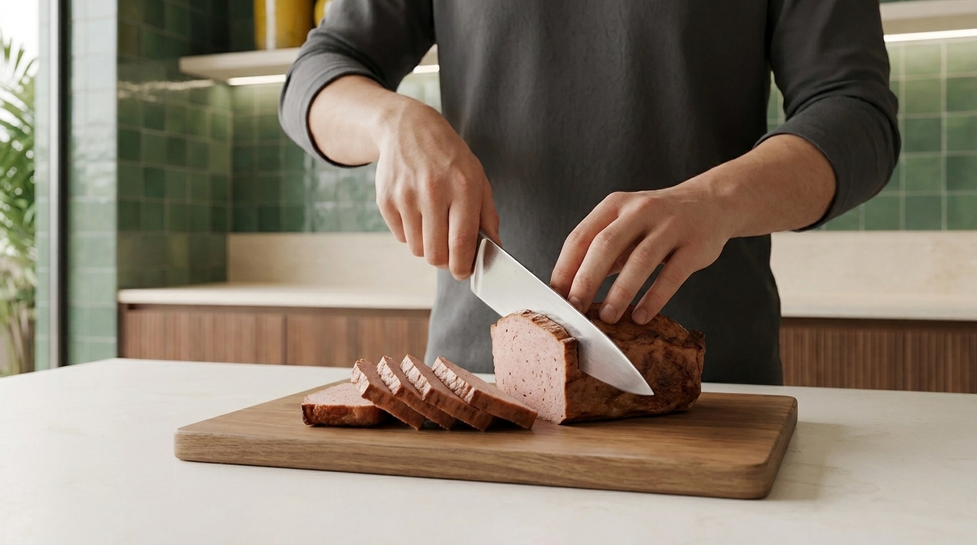 Hände einer Person schneiden auf einem Holzbrett in einer Küche mit einem großen Messer gleichmäßige Scheiben eines rechteckigen Bratens.