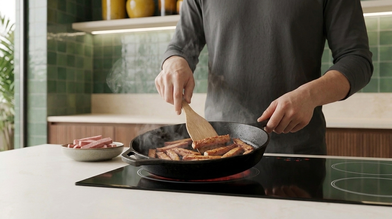 Person rührt mit Holzspatel in einer Pfanne auf dem Herd und brät mehrere kleine Lebensmittelstücke in einer modernen Küche.