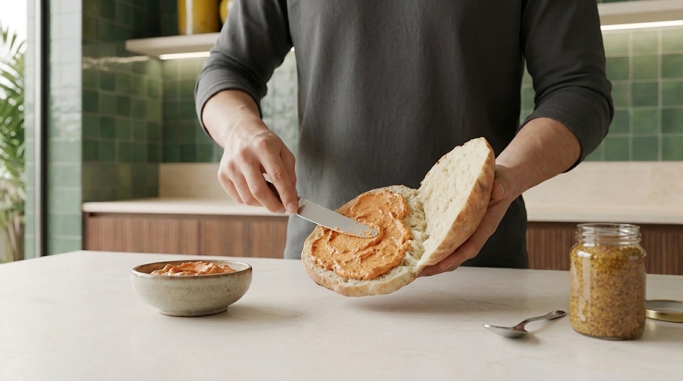 Hände streichen mit einem Messer einen orangefarbenen Aufstrich auf ein aufgeschnittenes Brötchen.