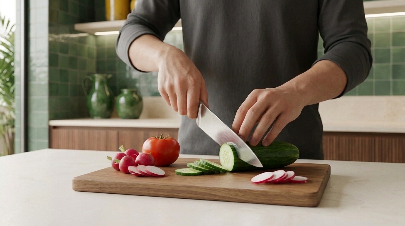 Hände einer Person schneiden eine Gurke in Scheiben auf einem Holzbrett in einer Küche; daneben liegen geschnittene Radieschen und eine Tomate.