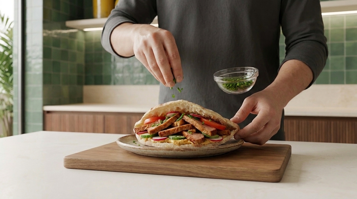 Hände einer Person bestreuen ein gefülltes Fladenbrot mit Kräutern; das Sandwich enthält gegrilltes Fleisch, Tomaten und Gurkenscheiben und liegt auf einem Teller auf einem Holzbrett in einer Küche.