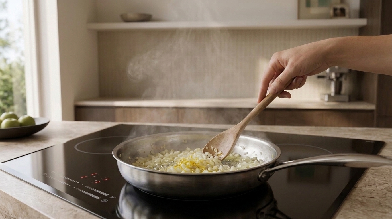 Hand rührt mit Holzlöffel Zwiebeln in einer Pfanne auf dem Herd, Dampf steigt auf.