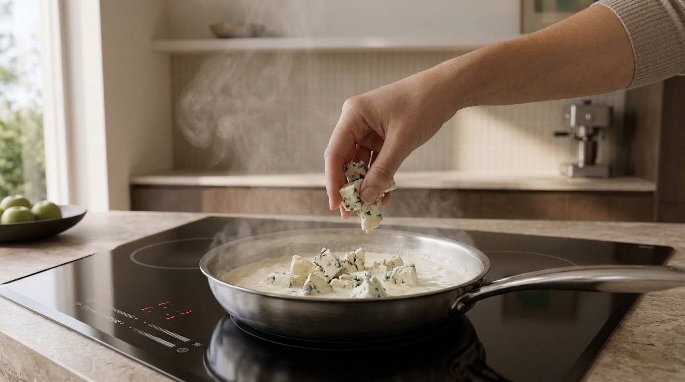 Hand streut Kräuter über Käsewürfel in einer Pfanne mit cremiger, dampfender Sauce auf einem Kochfeld.