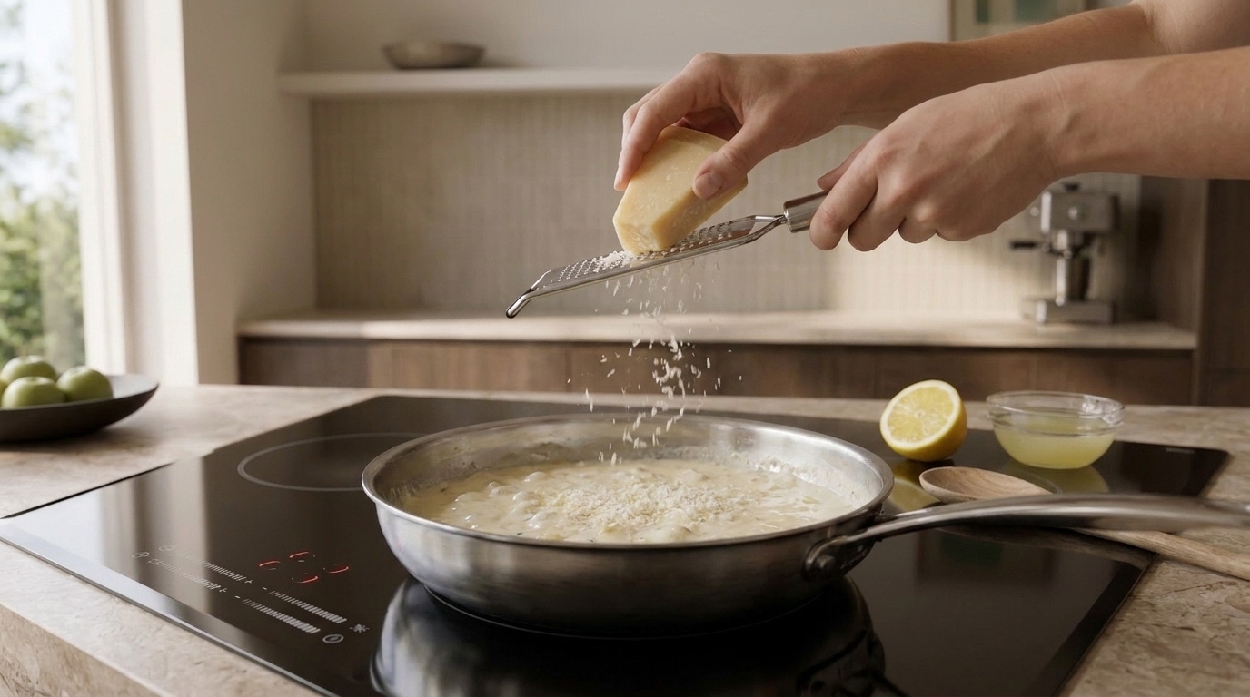 Hände reiben Käse über eine Pfanne mit cremiger Pasta auf dem Herd.