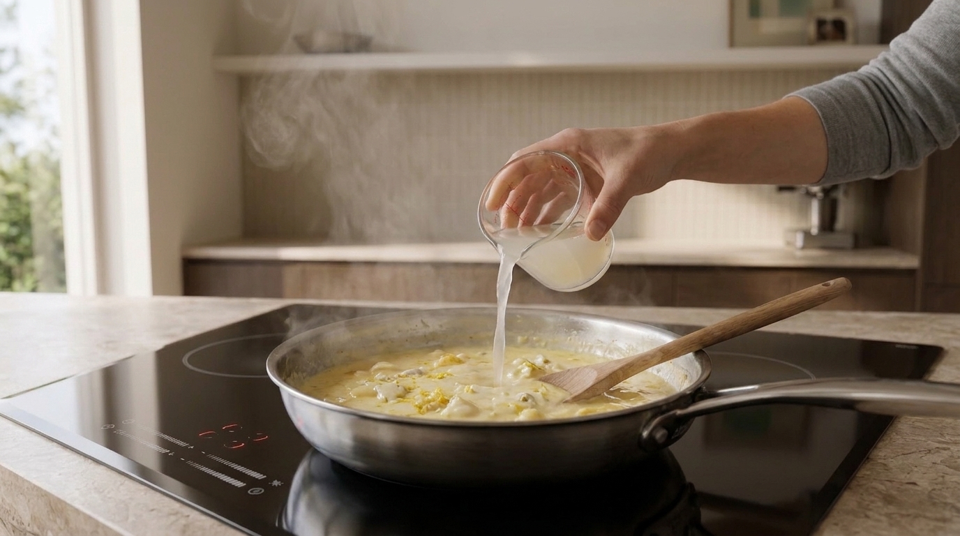 Eine Hand gießt eine helle Flüssigkeit (Sahne oder Milch) in eine Pfanne mit köchelnder Sauce auf dem Herd; ein Holzspatel rührt, Dampf steigt auf.
