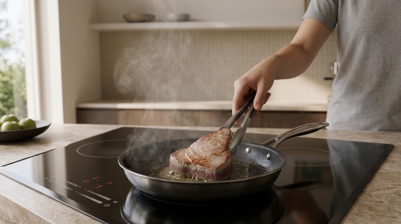 Nahaufnahme: Hand mit Grillzange wendet ein angebratenes Steak in einer Pfanne auf einem Induktionskochfeld; Dampf steigt auf.