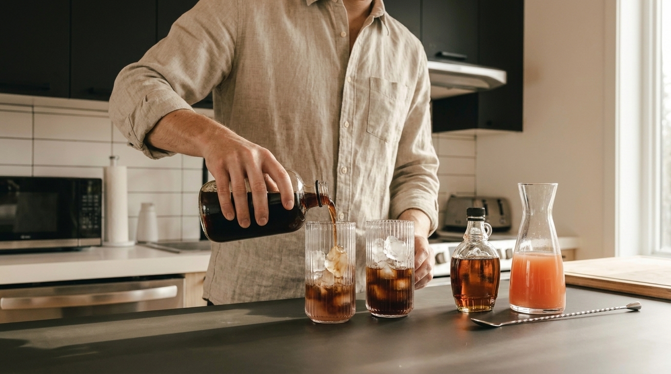 Person gießt ein dunkles Getränk aus einer Flasche in zwei mit Eis gefüllte Gläser auf einer Küchenarbeitsfläche.
