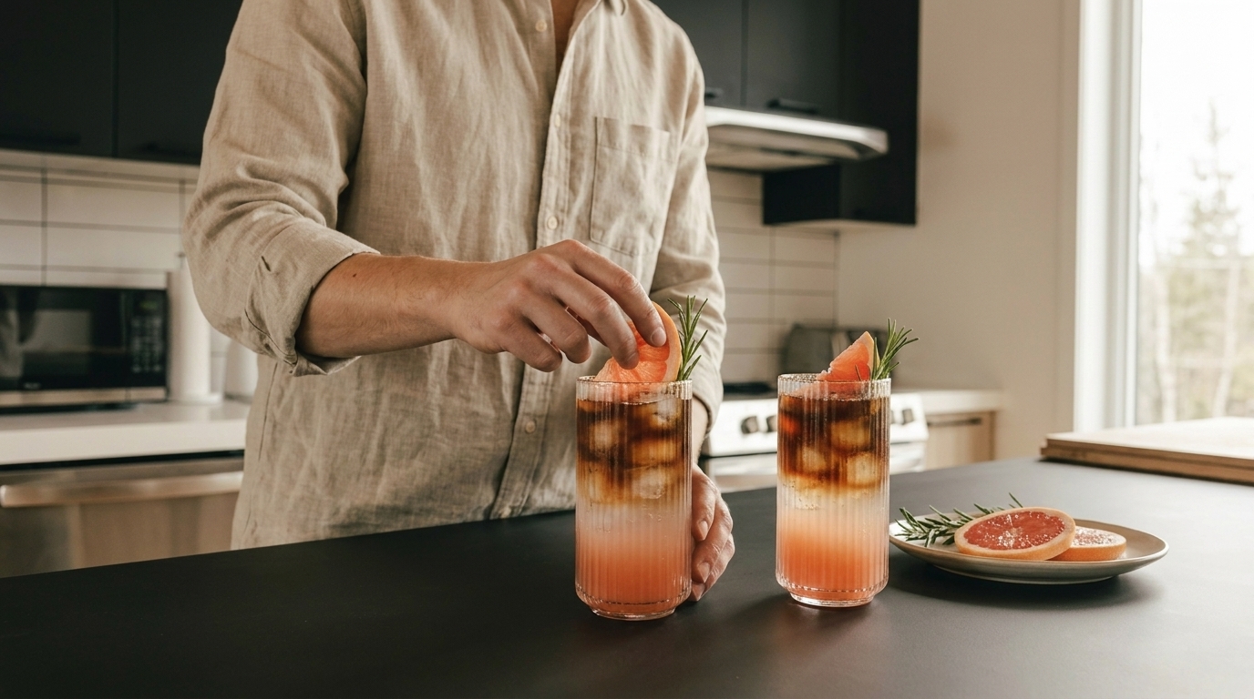 Person in hellem Leinenhemd legt eine Grapefruitscheibe als Garnitur auf eines von zwei hohen, schichtigen Eisgetränken (rosa unten, dunkle Schicht oben) auf einer Küchenarbeitsplatte; Teller mit Grapefruitscheibe und Rosmarinzweig daneben.