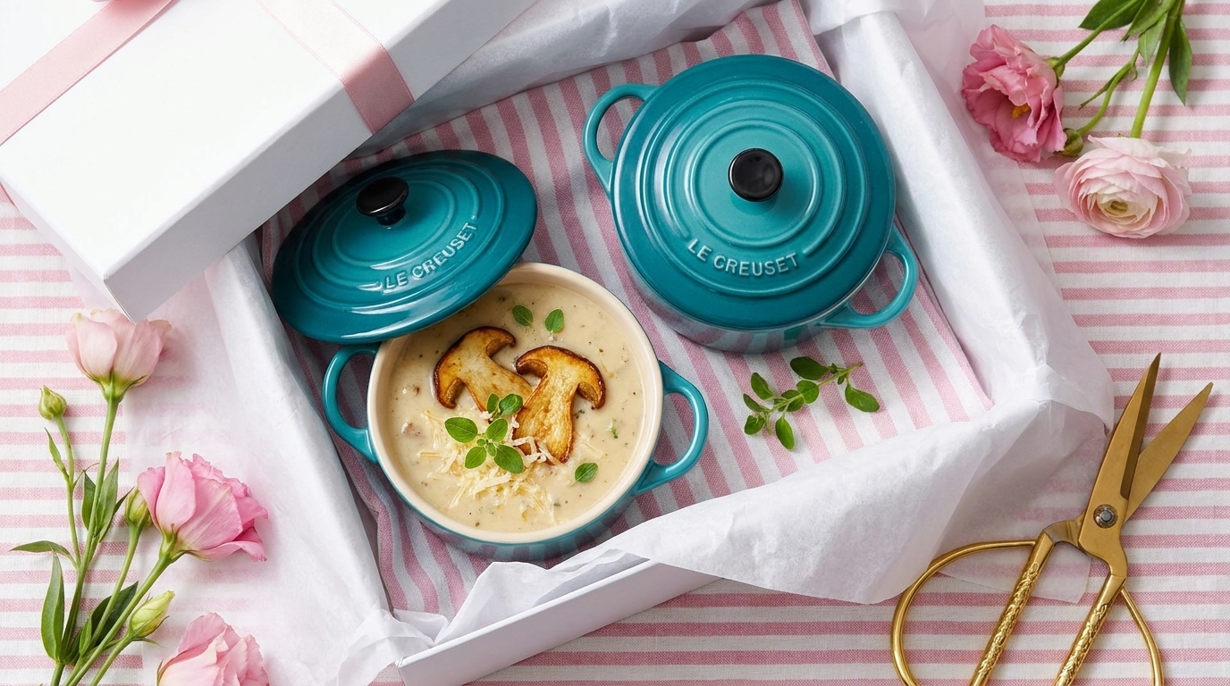 Geschenkbox mit zwei türkisfarbenen Mini-Kochtöpfen; einer offen, gefüllt mit cremiger Pilzsuppe, garniert mit gebratenen Champignonscheiben und frischen Sprossen.
