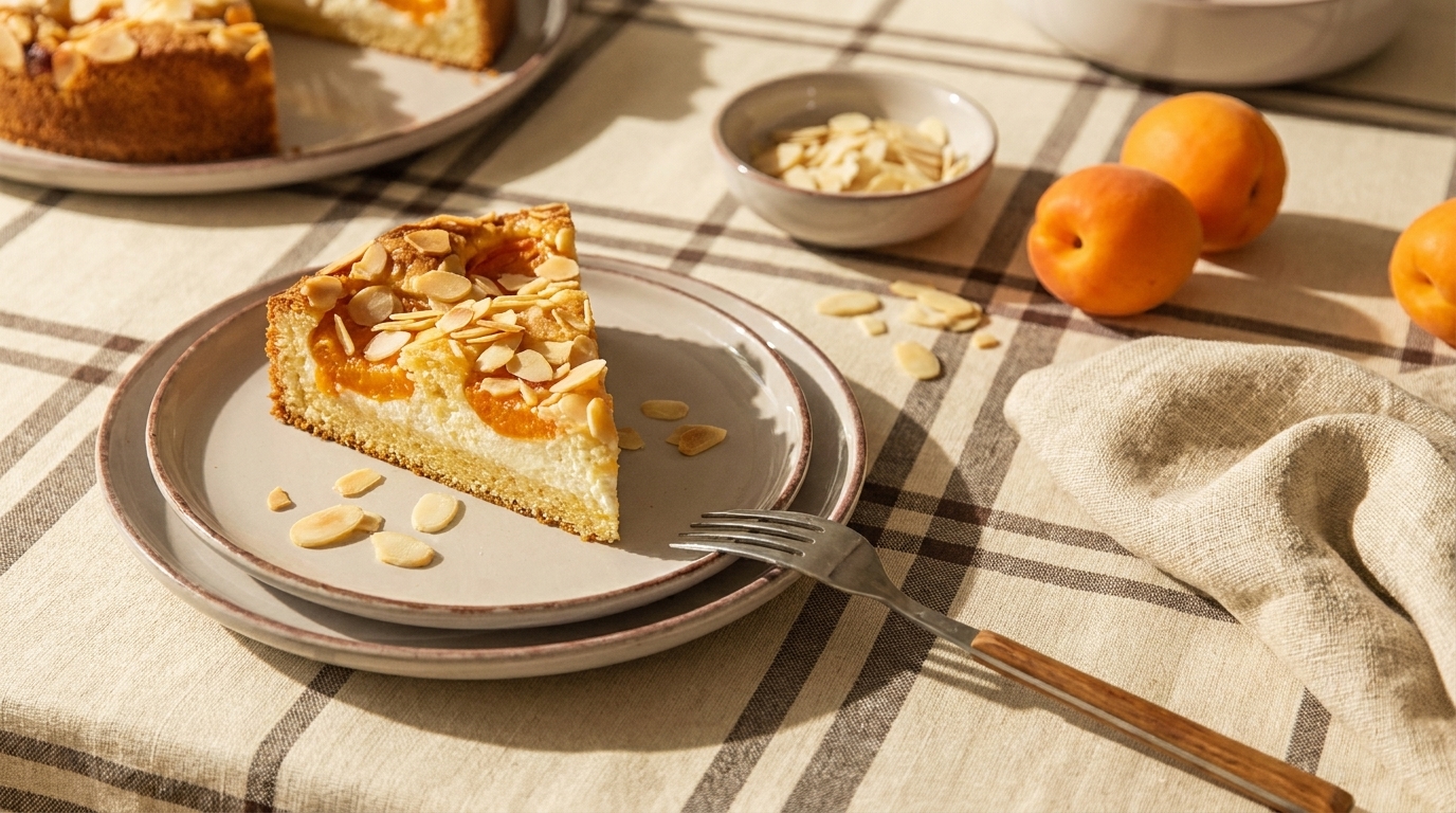 Auf einem gedeckten Tisch liegt ein Stück Aprikosenkuchen mit Mandelblättchen auf einem Teller. Daneben befindet sich eine kleine Schüssel mit weiteren Mandeln und frische Aprikosen. Ein Gabel liegt bereit, um den Kuchen zu genießen.