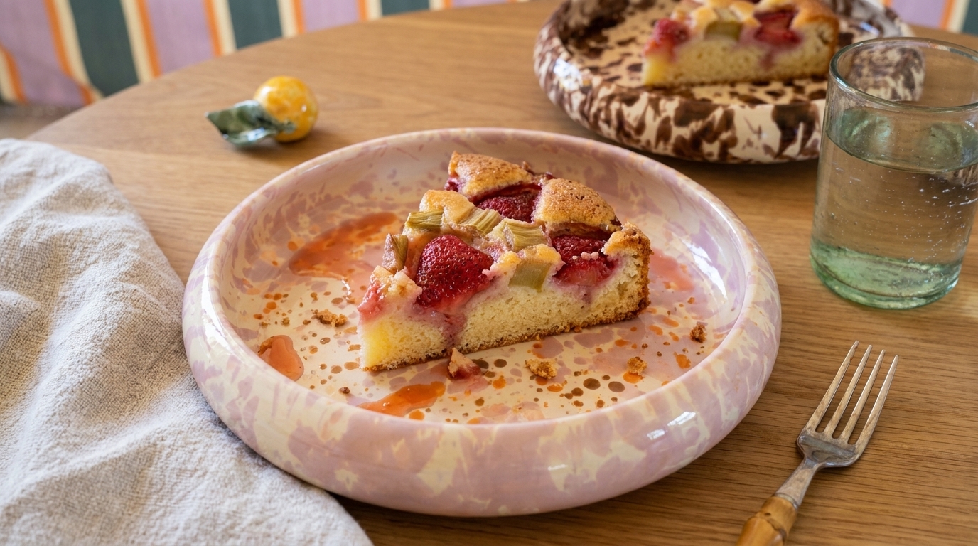 Ein Stück Erdbeer-Rhabarberkuchen auf einem pastellfarbenen Teller, umgeben von einem Fruchtsoße. Daneben ein Wasserglas und eine Gabel. Im Hintergrund liegt ein Geschirrtuch.