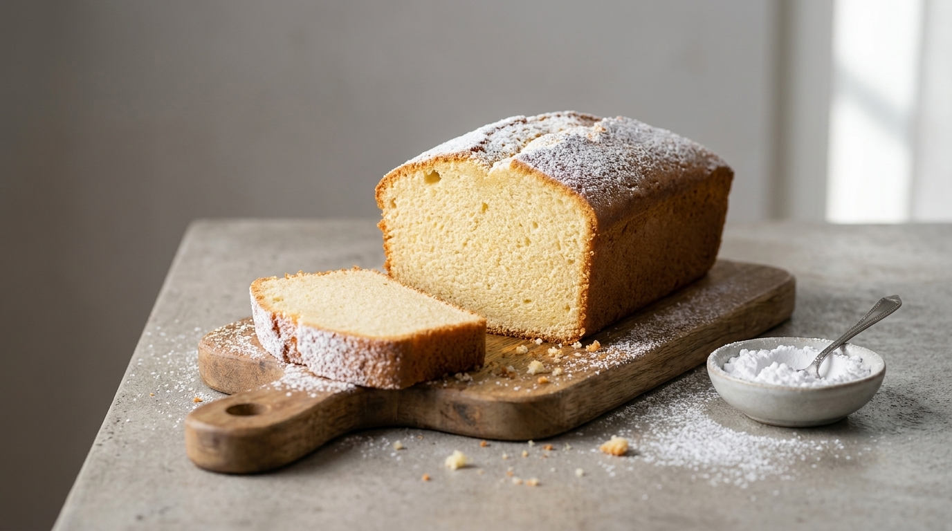 Ein frisch gebackener Rührkuchen liegt auf einem Holzbrett, mit Puderzucker bestreut. Eine Scheibe des Kuchens ist angeschnitten. Daneben steht eine kleine Schüssel mit zusätzlichem Puderzucker und einem Löffel. Der Hintergrund ist neutral und leicht unscharf.