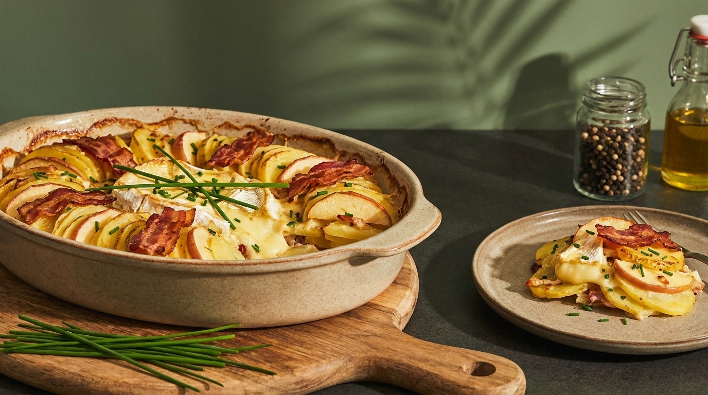 Auflaufform mit geschichteten, gebackenen Kartoffelscheiben, geschmolzenem Käse und knusprigem Speck, garniert mit Schnittlauch; daneben eine Portion auf einem Teller.