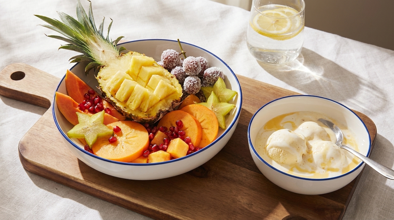 Eine Schüssel mit frischem Obst, darunter Ananas, Kaki, Granatapfelkerne, Sternfrucht und Melone, auf einem Holzbrett serviert. Neben der Obstschale steht eine Schale mit Vanilleeis. Im Hintergrund ist ein Glas mit Wasser und einer Zitronenscheibe sichtbar.