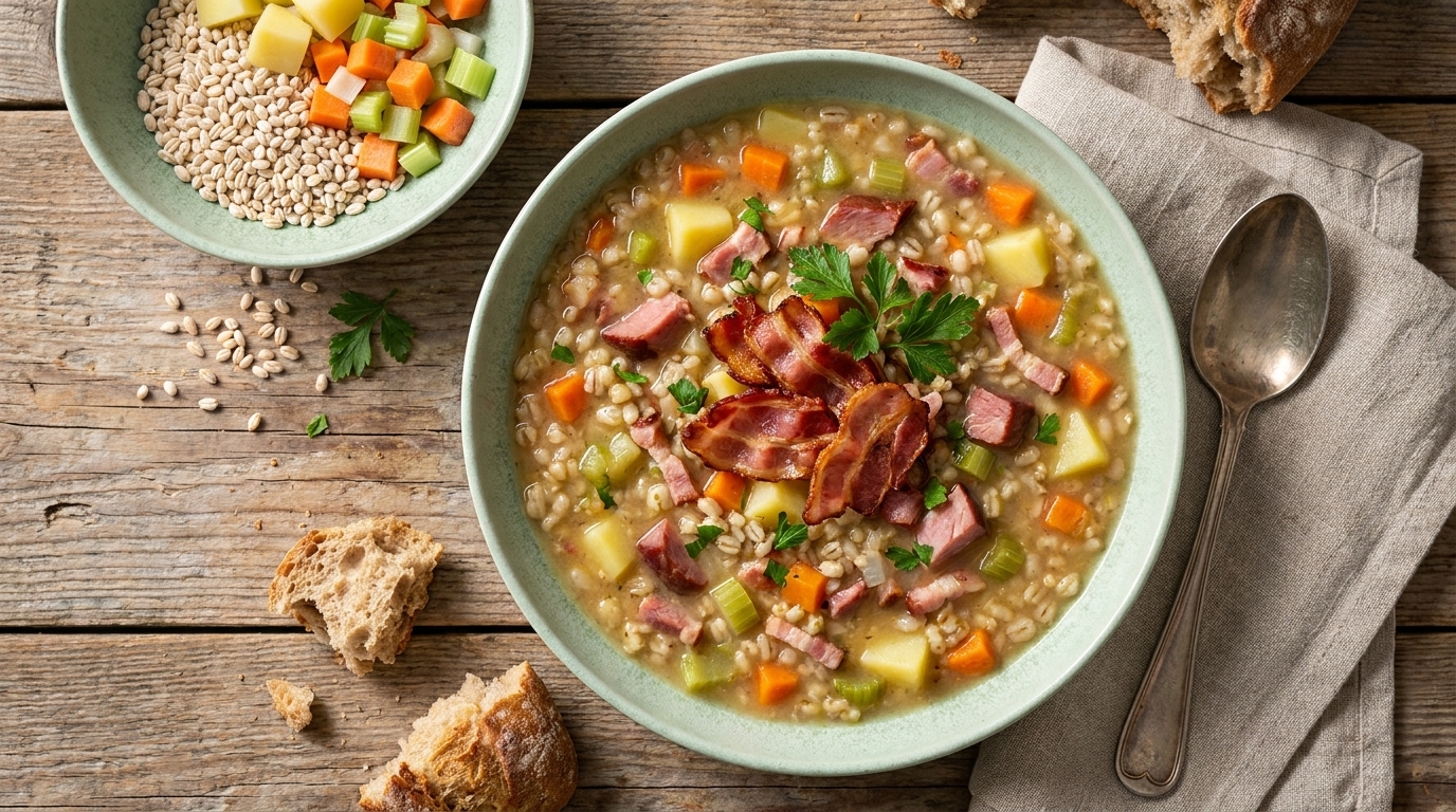 Ein Teller deftige Suppe mit Gemüse, Kartoffeln und Speck, garniert mit frischer Petersilie. Daneben eine kleine Schüssel mit gewürfeltem Gemüse und Gerste sowie ein Stück Brot auf einem Tisch aus Holz.