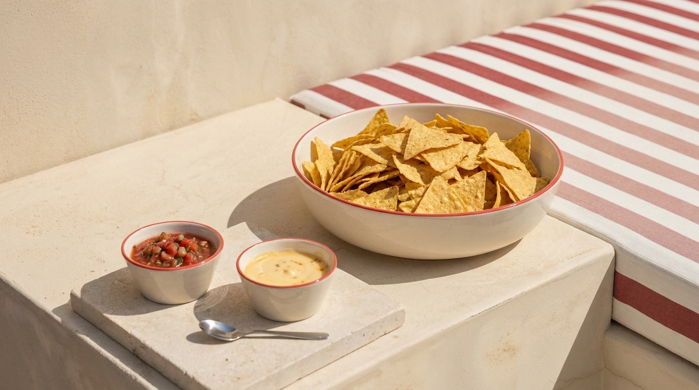 Große Schüssel mit Tortilla-Chips, daneben zwei kleine Schalen mit Salsa und Käsedip sowie ein Löffel.