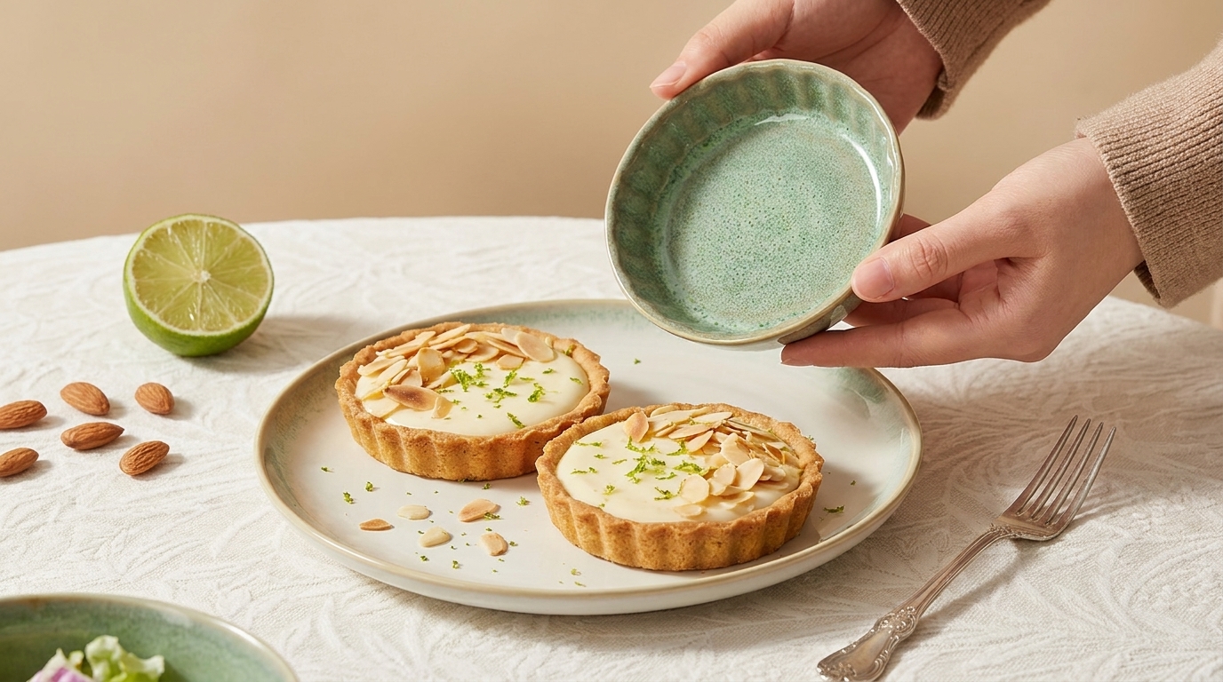 Eine Person hält eine kleine Schüssel über zwei dekorierten Tarts, die mit Mandeln und Limettenraspel belegt sind. Die Tarts befinden sich auf einem weißen Teller, der auf einem hellen Tisch steht. Im Hintergrund sind einige Mandeln und eine halbe Limette sichtbar.