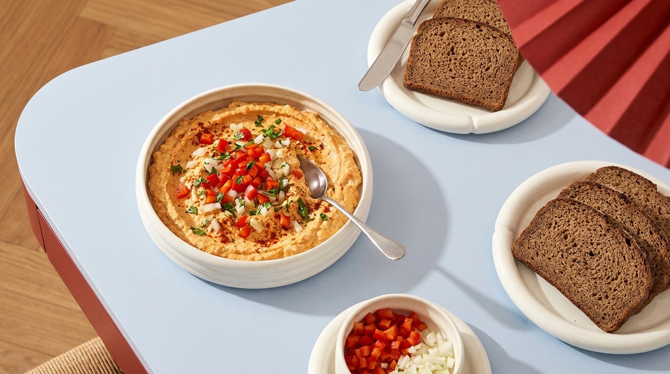 Eine helle Schüssel mit Hummus, garniert mit roten und grünen Paprikastücken sowie Kräutern, steht auf einem Tisch. Daneben liegen zwei Teller: einer mit gewürfelten roten und weißen Zwiebeln, der andere mit mehreren Scheiben dunklem Brot.