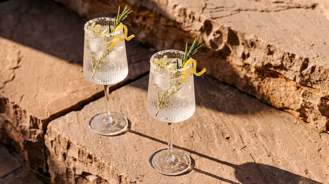 Zwei hohe Cocktailgläser mit prickelndem, eisgefülltem Getränk, gezuckertem Glasrand, je garniert mit Rosmarinzweig und Zitronenzeste, auf warmen Sandsteinstufen in der Sonne.