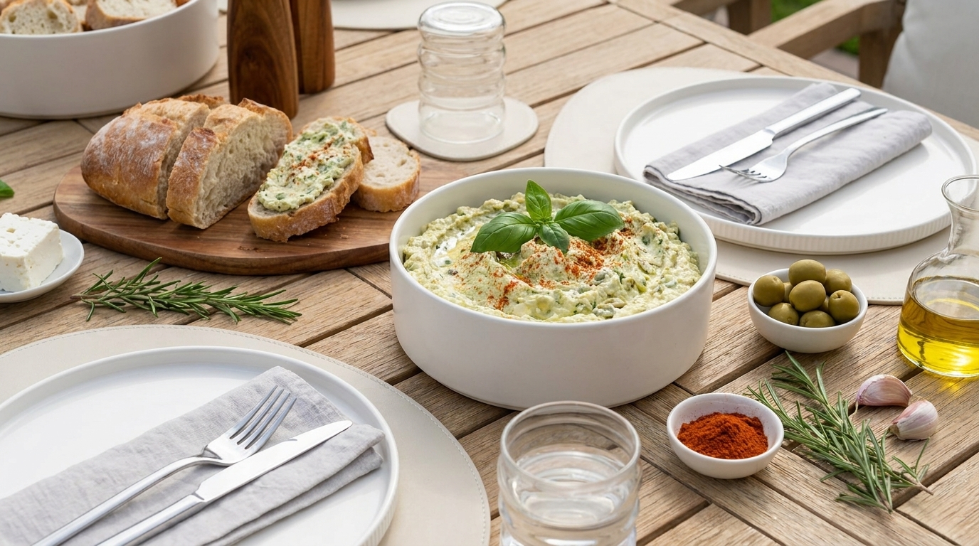 Ein gedeckter Tisch mit mehreren Tellern, einem großen weißen Schüssel mit einer Kräuter- oder Pesto-Creme, die mit Basilikum und Paprika garniert ist. Neben der Schüssel liegen Oliven, Knoblauch, Gewürze und frisch gebackenes Brot auf einem Holzbrett.