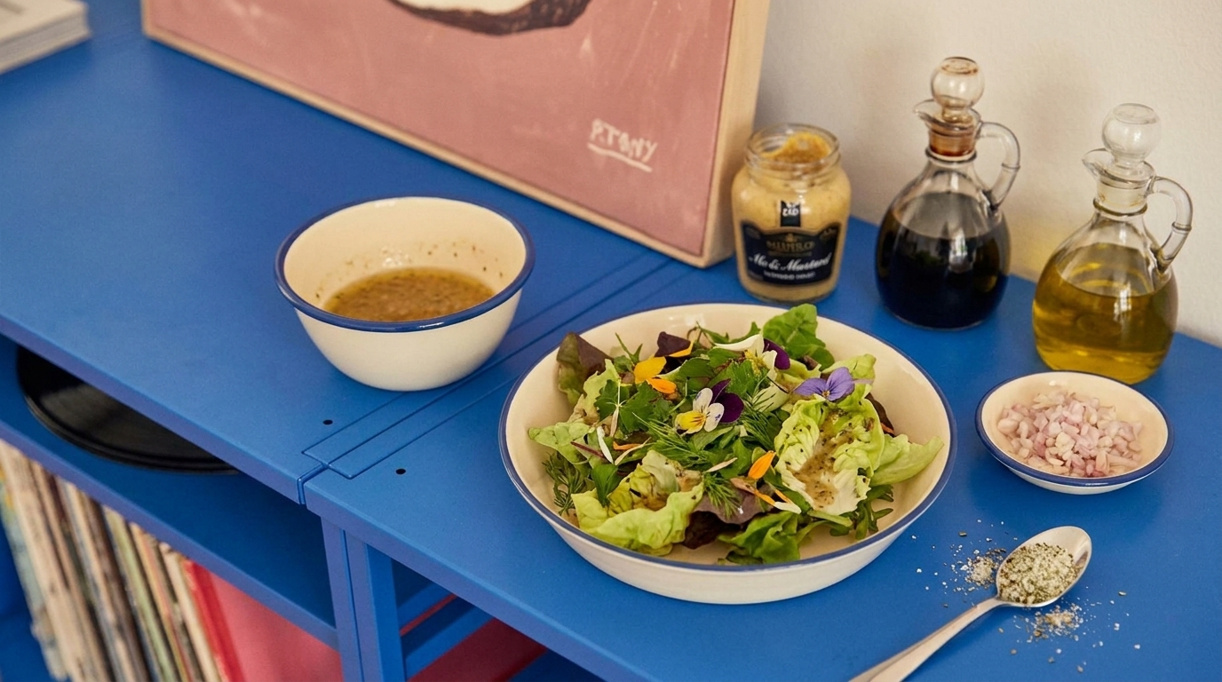 Auf einem blauen Tisch stehen eine Schüssel mit gemischtem Salat, ein Schälchen mit gehackten Schalotten, sowie Essig und Öl in kleinen Gläsern. Neben dem Salat ist eine Schüssel mit Dressing. Die Farben der Zutaten sind frisch und ansprechend.