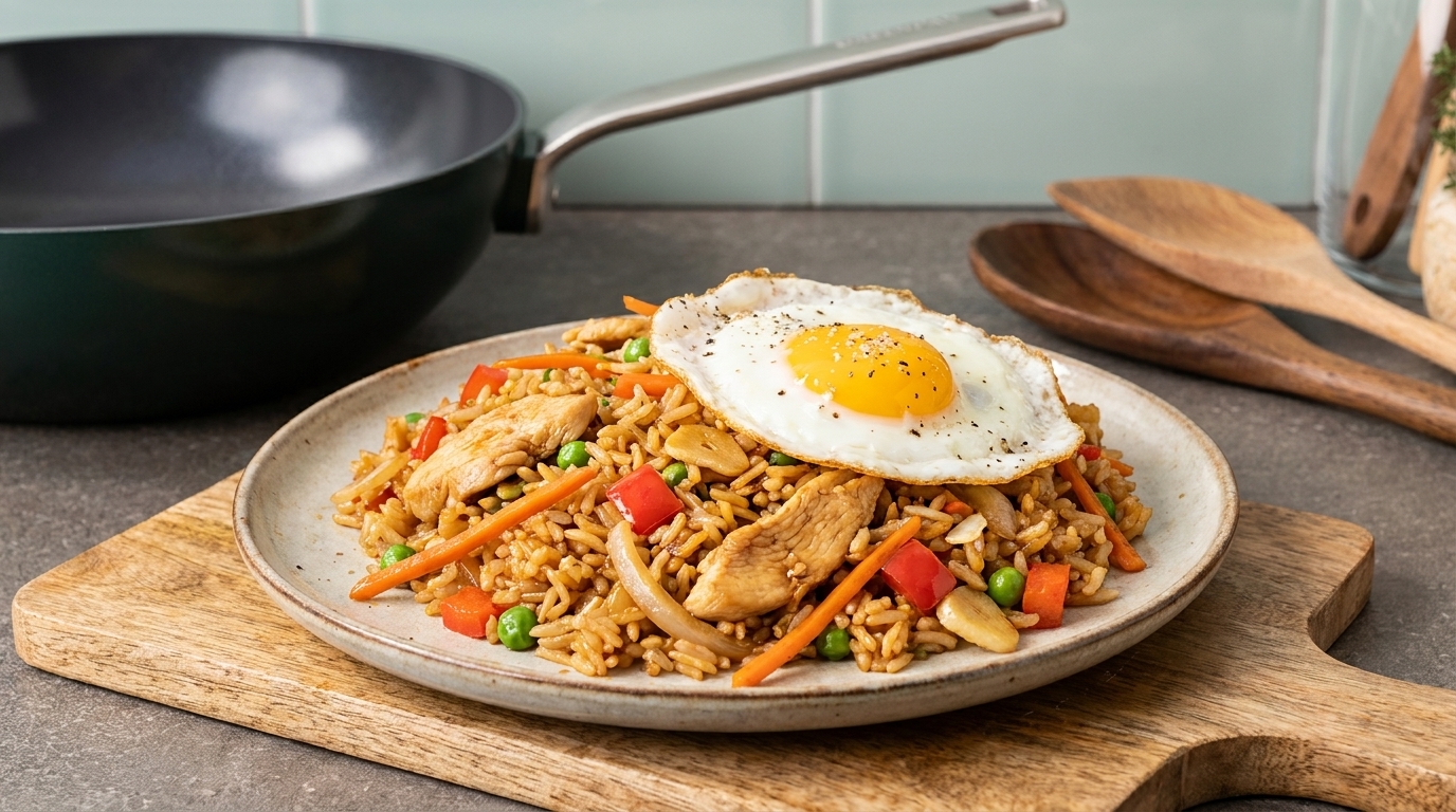 Ein Teller mit gebratenem Reis, garniert mit einem Spiegelei, darauf ein gelbes Eigelb. Der Reis enthält Hähnchenstücke, Karotten, Erbsen und Paprika. Im Hintergrund ist eine Pfanne und Holzutensilien zu sehen. Der Teller steht auf einem Holzbrett.