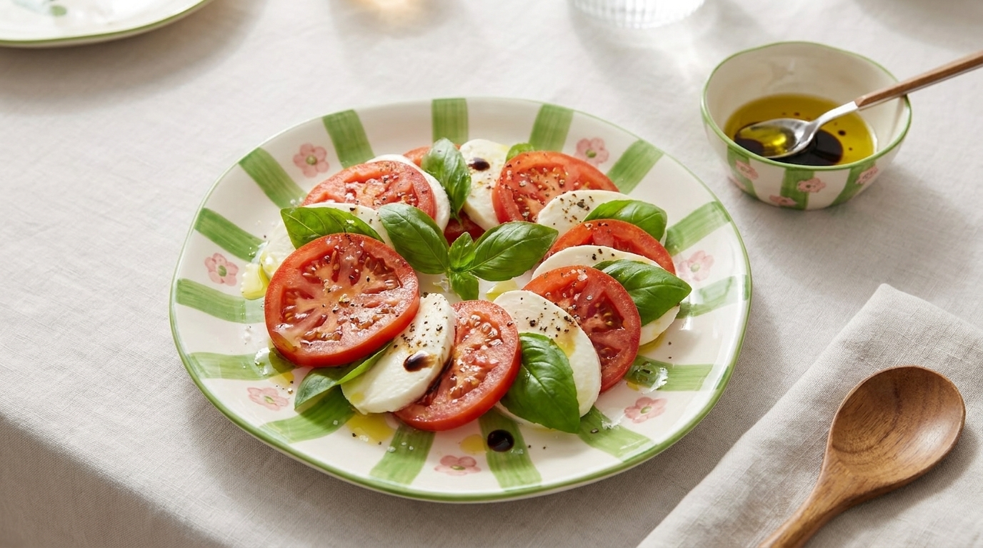 Caprese-Salat: abwechselnde Scheiben von Tomaten und Mozzarella, garniert mit frischen Basilikumblättern, Olivenöl, Balsamico sowie Salz und Pfeffer.