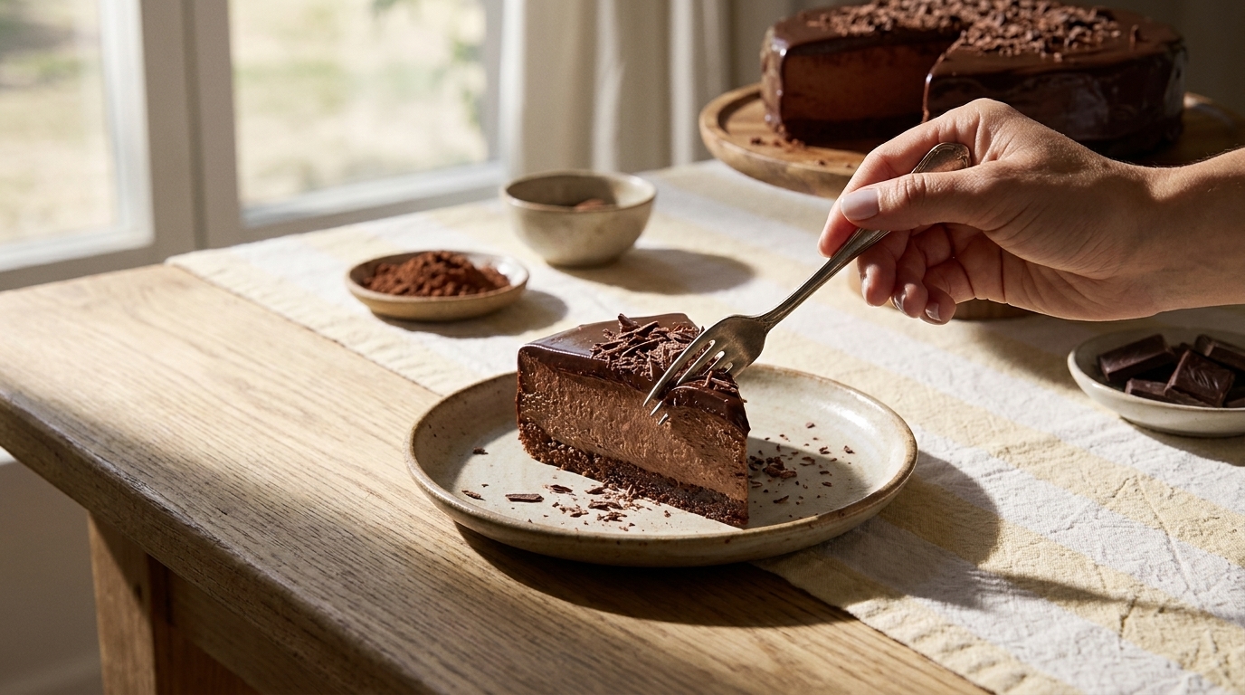 Eine Hand schneidet ein Stück Schokoladentorte mit einer Gabel. Das Stück liegt auf einem flachen Teller, umgeben von kleinen Schalen mit Kakaopulver und Schokoladenteilen. Im Hintergrund steht die ganze Torte auf einem Holztablett.