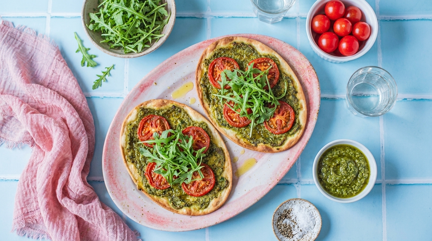 Auf einem ovalen Teller liegen zwei Fladenbrote mit grünem Pesto, belegt mit Tomatenscheiben und frischem Rucola. Neben dem Teller stehen Schalen mit Kirschtomaten, Pesto und einer grünen Salatmischung. Der Hintergrund ist hellblau gefliest.