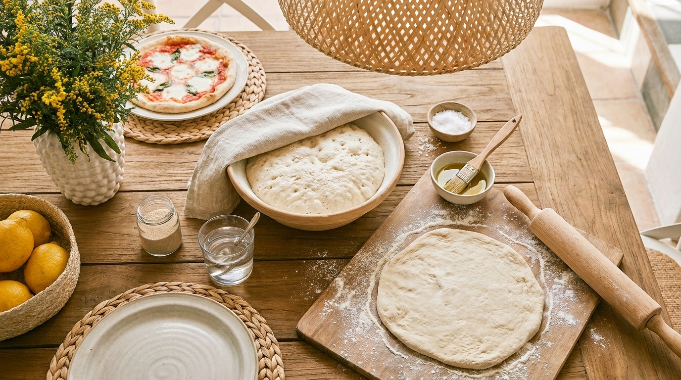 Auf einem Holztisch liegen Zutaten für die Pizza-Zubereitung. Eine Schüssel mit aufgegangenem Teig ist mit einem Tuch bedeckt, daneben liegt ein ausgerollter Teig. Eine Flasche Öl, ein Pinsel und ein Glas Wasser sind ebenfalls sichtbar. Im Hintergrund steht eine Pizza mit frischem Belag.