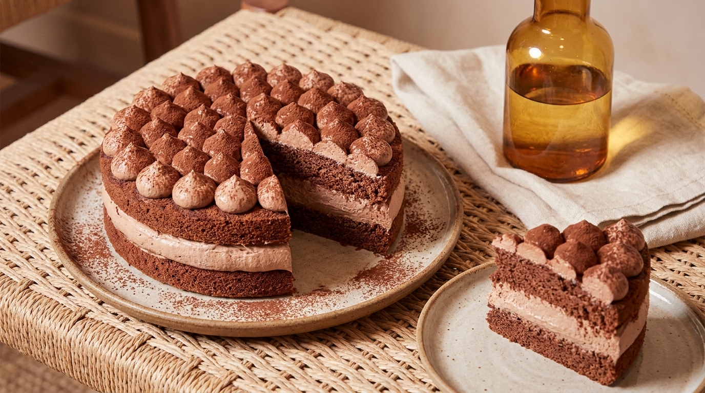 Ein schokoladener Torte auf einem Teller, die in zwei Hälften geteilt ist. Die Torte hat mehrere Schichten mit einer cremigen Füllung und ist mit runden Schokoladenhäufchen dekoriert. Neben der Torte steht ein kleiner Teller mit einem Stück Torte und eine Glasflasche im Hintergrund.