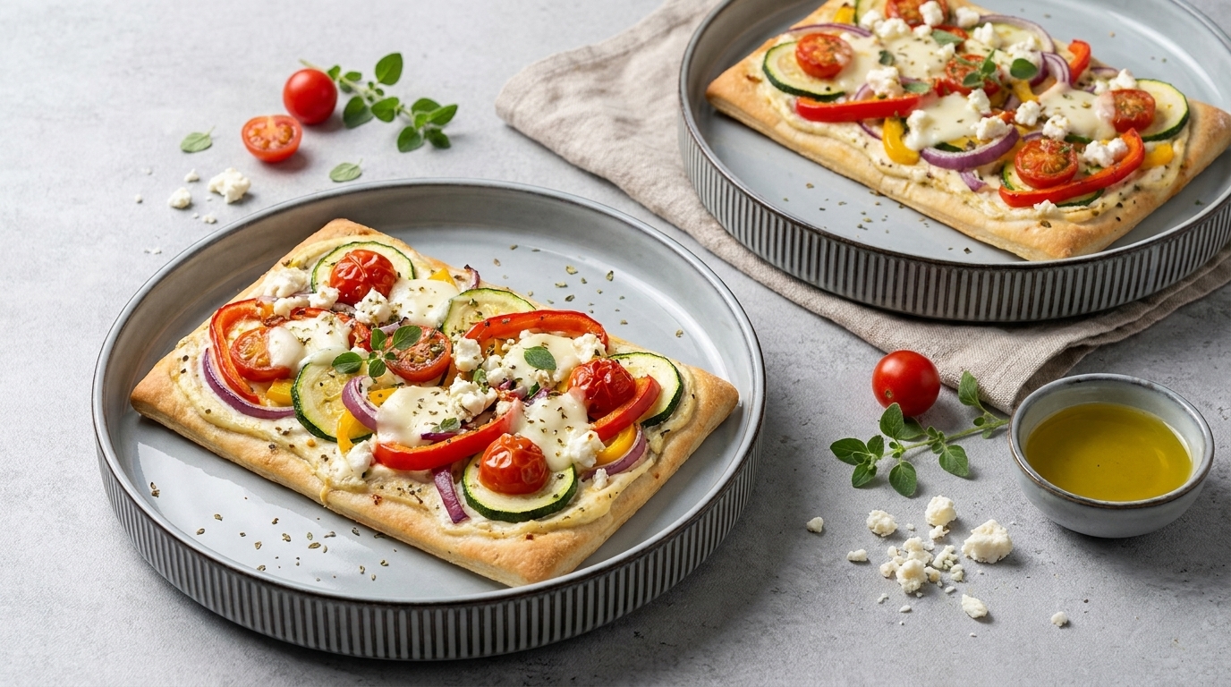Zwei Flammkuchen auf runden Tellern, belegt mit buntem Gemüse wie Zucchini, Paprika, und Kirschtomaten. Auf den Flammkuchen liegt geschmolzener Käse und frische Kräuter. Neben den Tellern befindet sich eine kleine Schüssel mit Olivenöl.