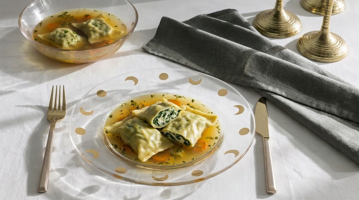 Ein Teller mit gefüllten Ravioli in einer klaren Brühe ist im Vordergrund sichtbar. Die Ravioli sind grün gefüllt, während sich ein leichter Kräuter-Sud darum herum befindet. Daneben liegt ein elegantes Besteck und ein dekoriertes Glas mit Suppenschüssel.
