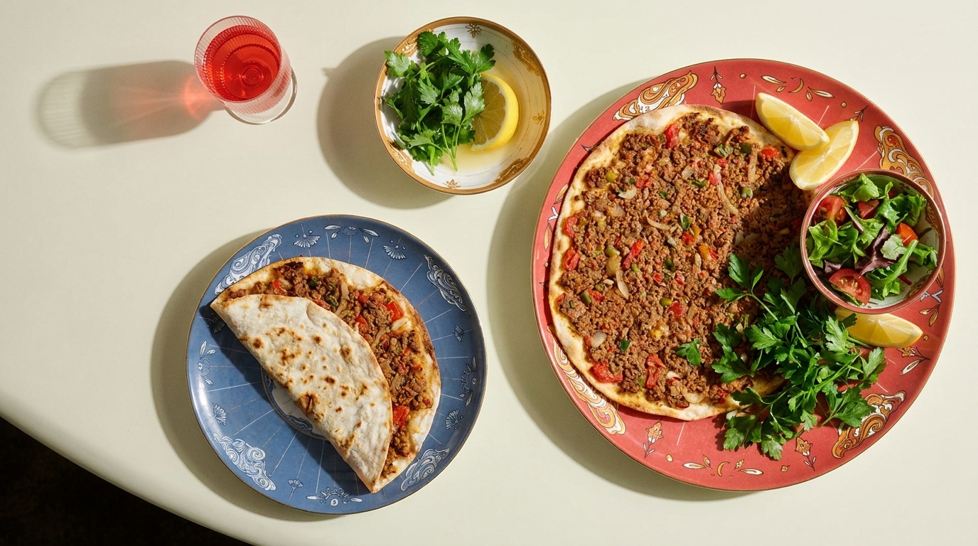 Auf dem Tisch befinden sich zwei Teller. Der größere Teller enthält einen mit Hackfleisch belegten Fladenbrot und einen kleinen Salat. Der kleinere Teller zeigt einen ähnlichen Fladen mit Füllung. Zudem steht ein Glas mit einem roten Getränk und eine Schale frischer Kräuter daneben.