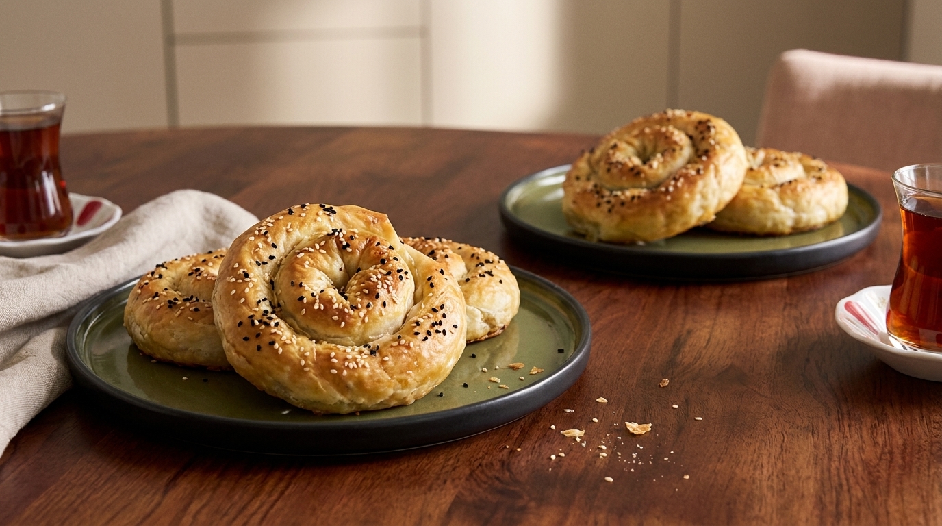 Auf einem Holztisch liegen zwei schwarze Teller mit spiralförmigen, goldbraunen Brötchen, die mit Sesam bestreut sind. Daneben stehen Gläser mit Tee. Im Hintergrund ist ein heller Raum zu sehen.