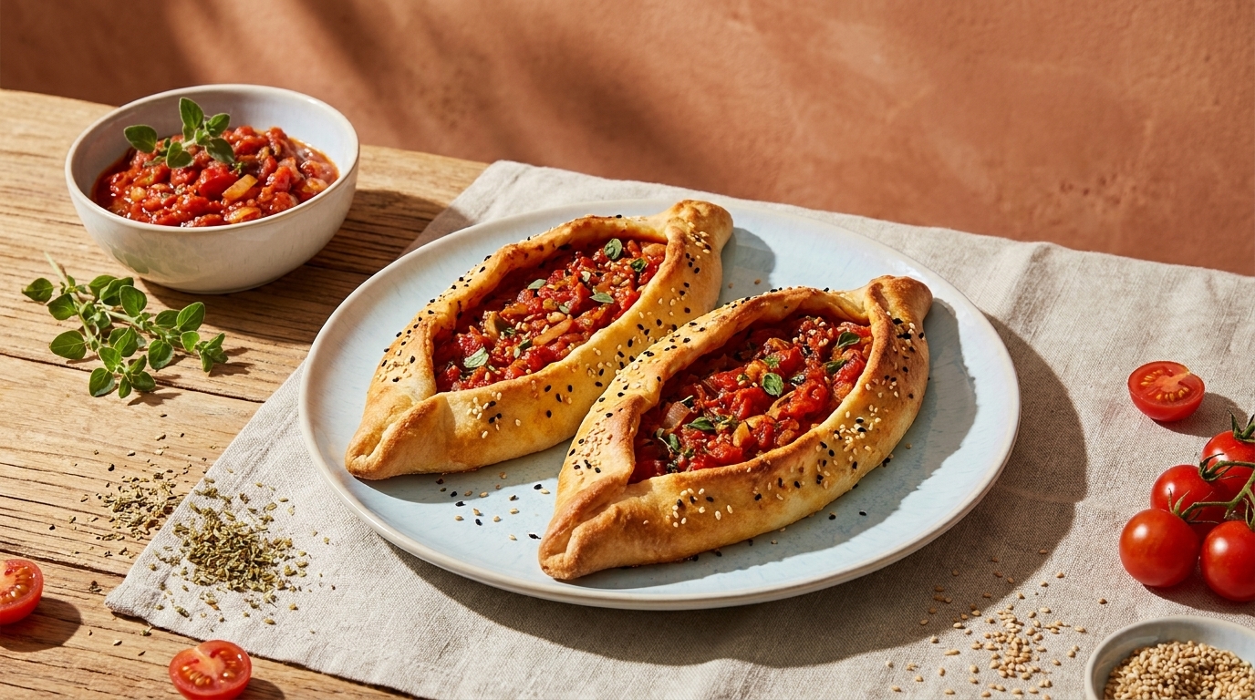 Zwei gebackene Teigschalen gefüllt mit einer würzigen Tomatenmischung, garniert mit frischen Kräutern, liegen auf einem weißen Teller. Nebenan befindet sich eine Schüssel mit einer ähnlichen Tomatensauce. Rote Kirschtomaten und Gewürze sind um den Teller verteilt.