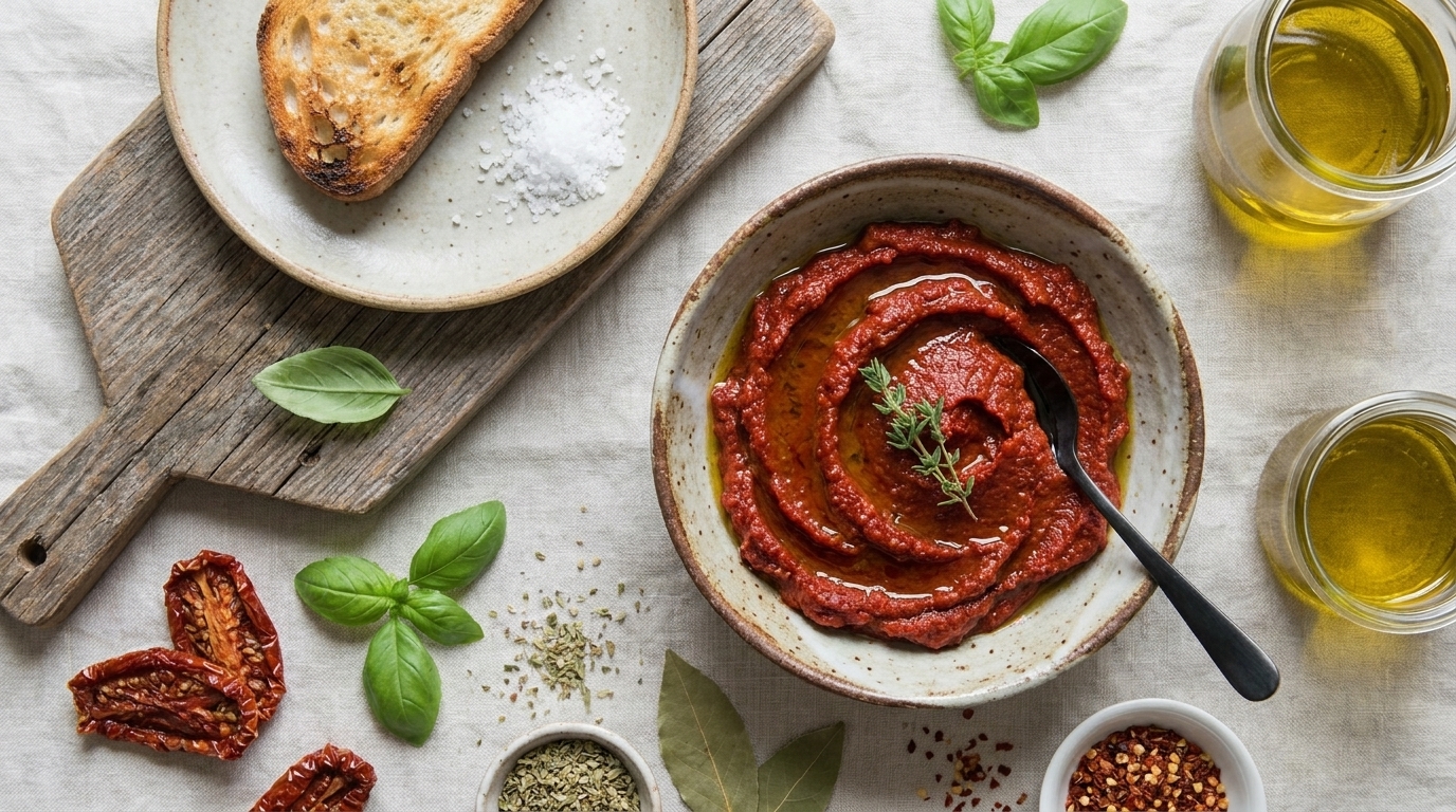 Eine Schüssel mit roter Tomatensauce liegt auf einem hellen Tischtuch, umgeben von getrockneten Tomaten, frischen Basilikumblättern, Olivenöl und Gewürzen. Daneben befindet sich ein Stück geröstetes Brot und ein weiteres Teller mit Salz.