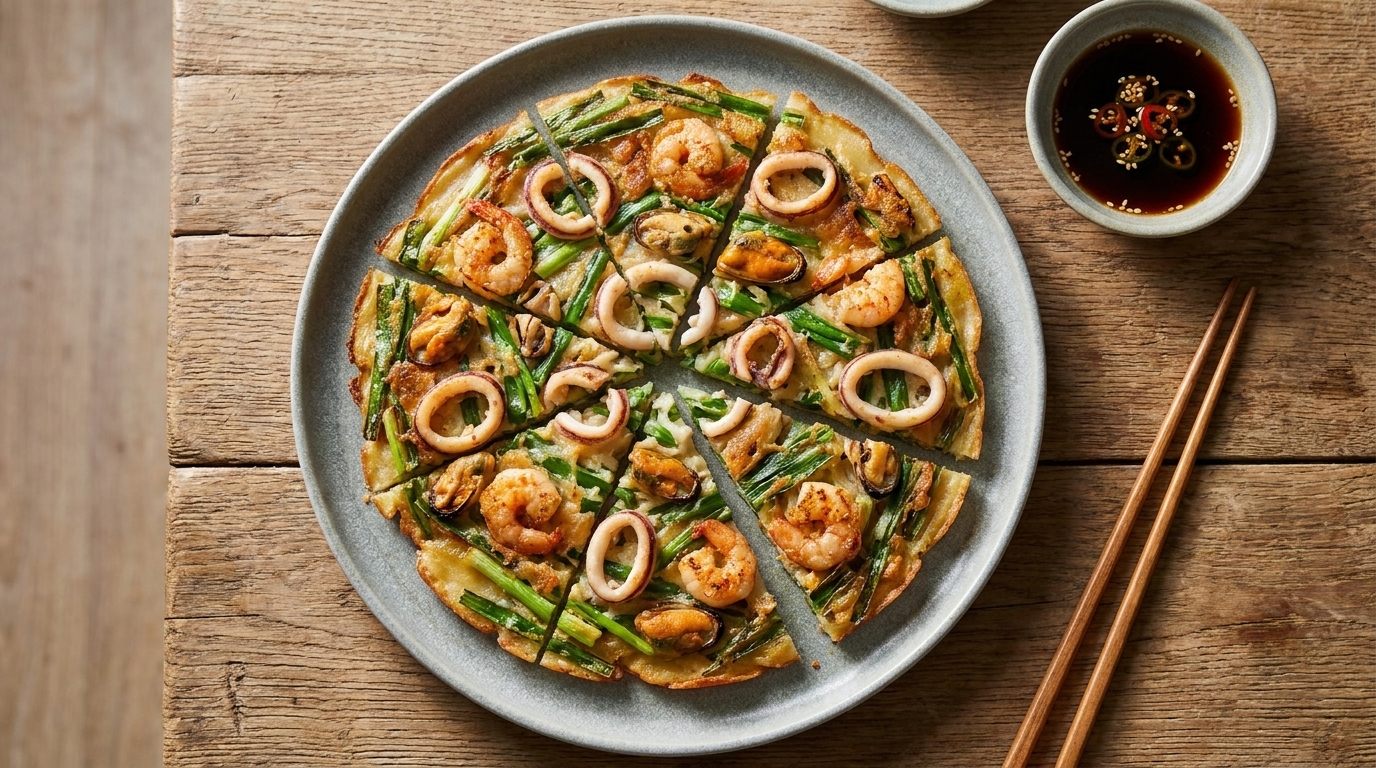 Auf dem Bild ist eine runde Platte mit einer größeren Portion Pfannkuchen zu sehen, die mit Shrimps, Tintenfischringen und frischem Gemüse belegt ist. Der Pfannkuchen ist in Stücke geschnitten. Neben der Platte steht eine kleine Schale mit einer dunklen Sauce.