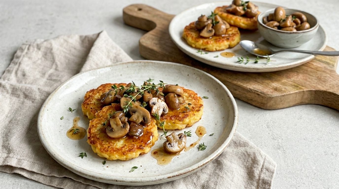 Auf einem Teller liegen goldbraune Kartoffelrösti, garniert mit frischen Thymianzweigen und gebratenen Champignons. Im Hintergrund befindet sich eine Schale mit zusätzlichen Champignons und einer kleinen Löffel. Die Präsentation wirkt appetitlich und einladend.