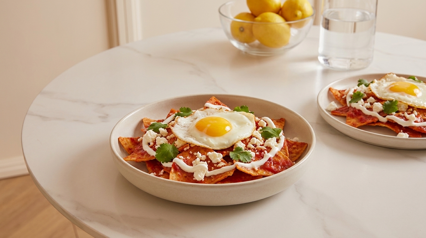 Zwei Teller mit Tortilla‑Chips in roter Salsa, garniert mit zerbröseltem Käse, Korianderblättern und je einem Spiegelei.