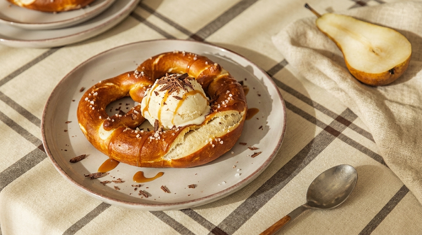 Laugenbrezel auf Teller mit Vanilleeiskugel, Karamellsauce und Schokoraspeln; im Hintergrund halbe Birne und Löffel.
