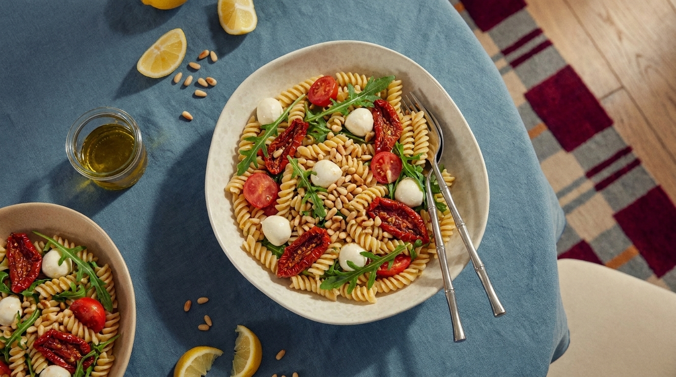 Eine Schüssel Pasta mit Fusilli, frischen Tomaten, Sonnengetrockneten Tomaten, Mozzarella-Kugeln und Rucola. Neben der Schüssel liegen Zitronenscheiben und ein Glas Olivenöl. Der Hintergrund zeigt einen gedeckten Tisch mit einem blauen Tischcloth.