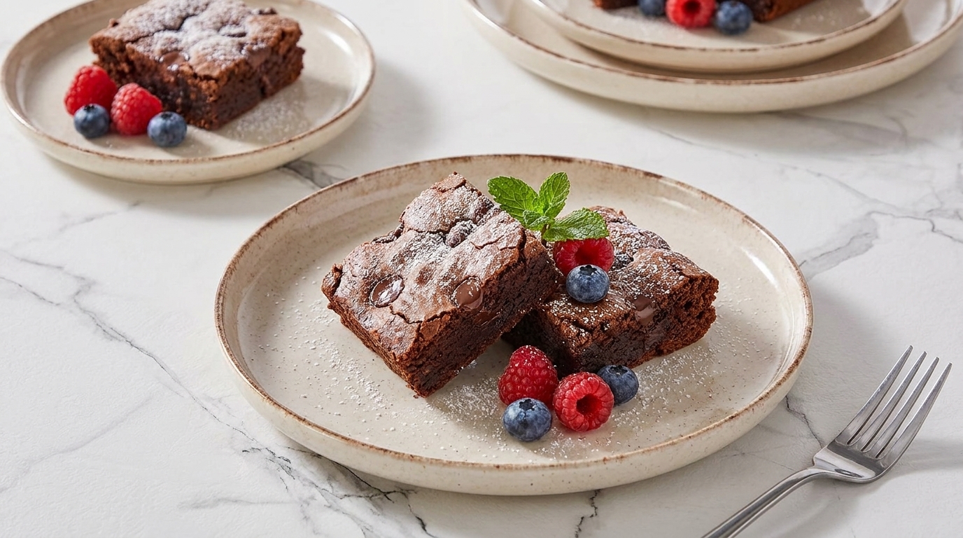 Ein Teller mit zwei Brownie-Stücken, bestäubt mit Puderzucker, liegt auf einem Marmortisch. Um die Brownies sind frische Himbeeren und Blaubeeren sowie ein Blatt Minze platziert. Ein weiteres ähnliches Dessert ist im Hintergrund sichtbar.