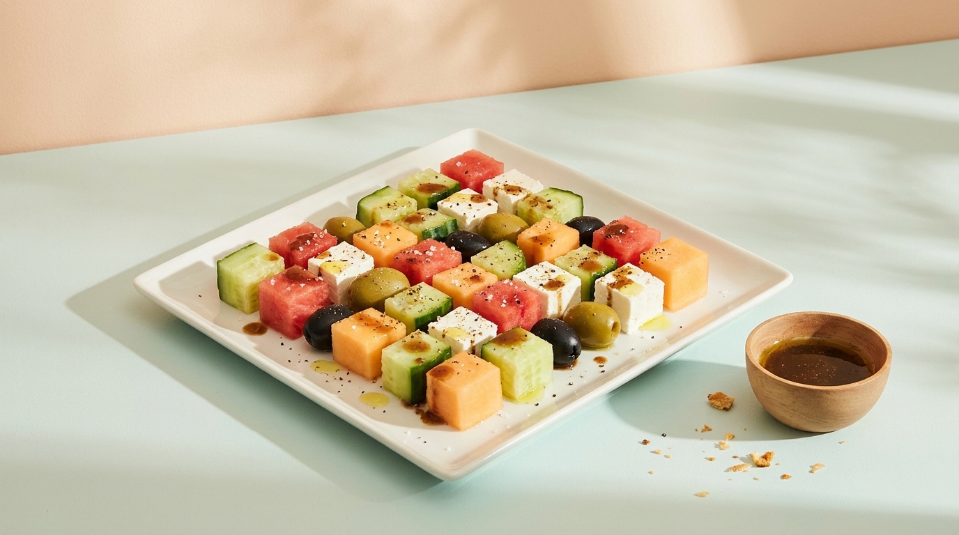 Quadratische Platte mit bunten Würfeln aus Wassermelone, Honigmelone, Gurke und Feta, in Reihen angeordnet, garniert mit schwarzen Oliven und Kräutern; daneben kleine Schale mit Dressing.