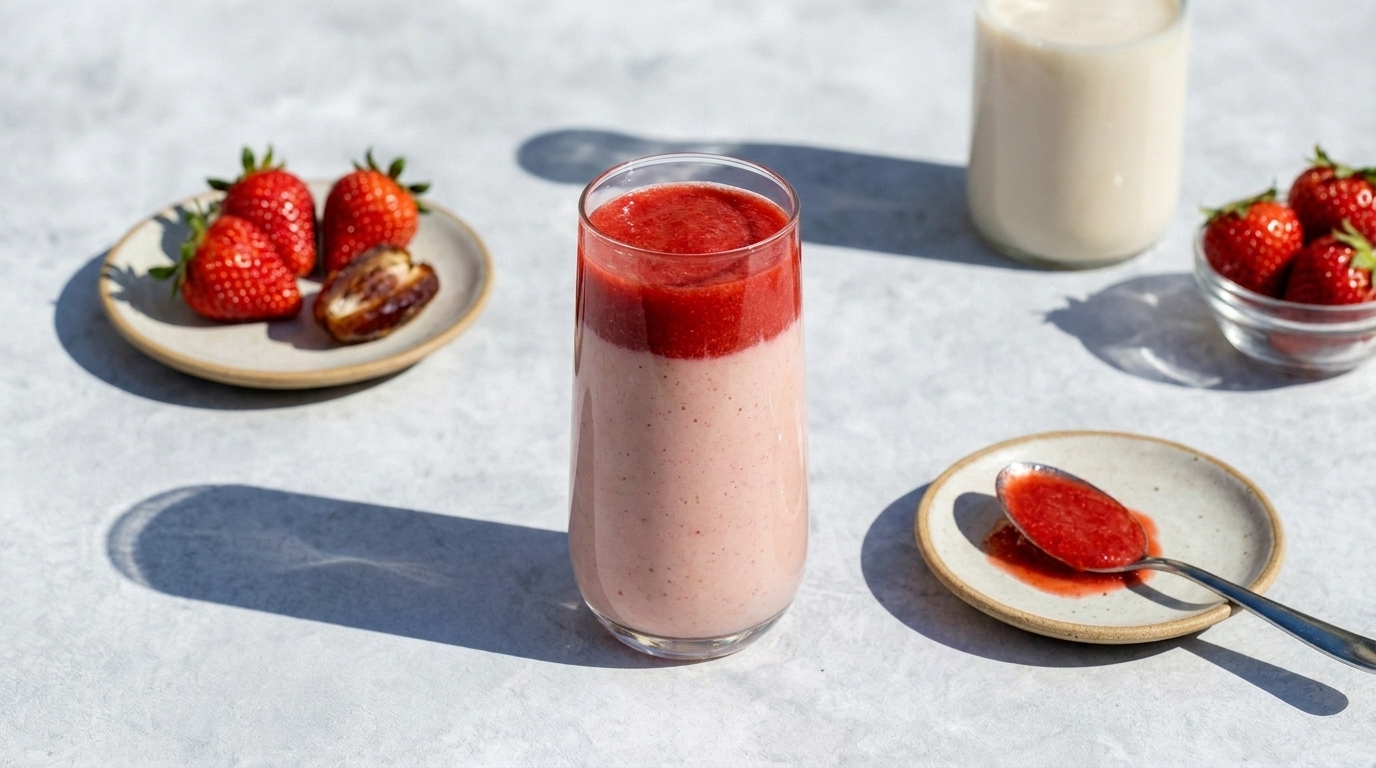 Ein Glas Erdbeersmoothie mit einer Schicht Erdbeersoße oben drauf steht auf einem Tisch. Daneben liegen frische Erdbeeren auf Tellern, und ein weiteres Glas mit einer hellen Flüssigkeit ist sichtbar. Die Szenerie ist hell und einladend.